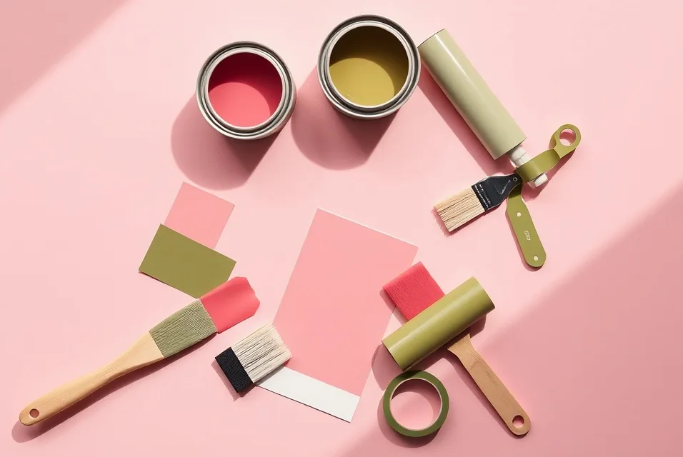 Pots de peinture, nuancier, brosses et rouleaux disposés à plat