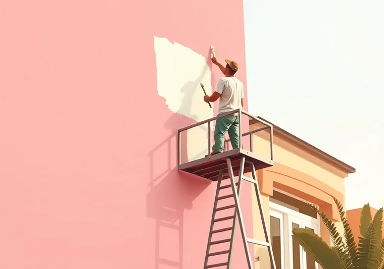 Peintre sur échafaudage traitant la façade d'une maison
